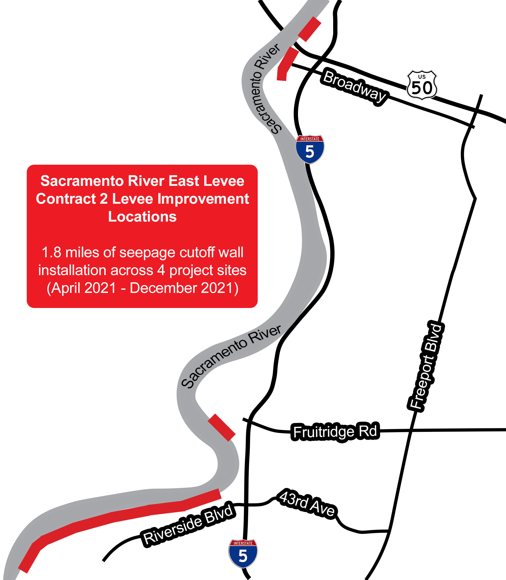 map showing four levee improvement construction locations -- two near Hwy 50/Hwy 80 overpass, one on southside of Little Pocket neighborhood, one on north side of Big Pocket neighborhood. The 1.8 miles of levee improvements are scheduled to begin in April 2021 and conclude by December 2021. 