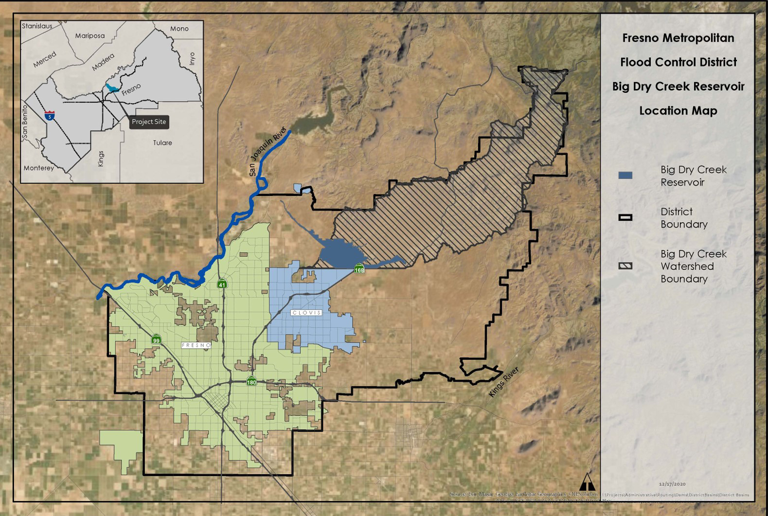 map showing study area for Redbank & Fancher Creeks Feasibility Study
